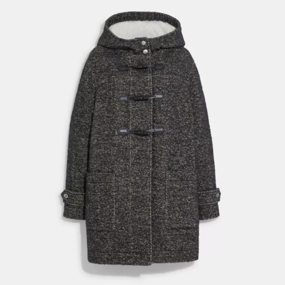 Coach Duffle Wool/Alpaca Blend Oversized Coat in Charcoal with Sherpa Hood Sz S - Picture 4 of 12